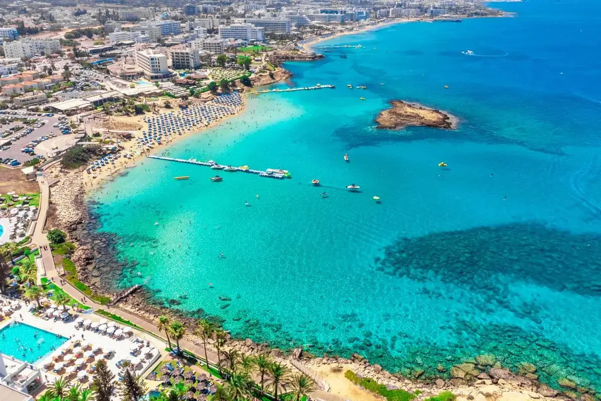 An aerial view of Fig Tree Bay Beach, Protaras, Cyprus